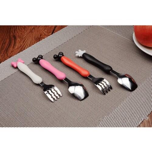 2Pcs/set Lovely 3D Mickey & Minnie Mouse Baby Kids Spoon and Fork Tableware High Quality Stainless Steel Baby Feeding Flatware