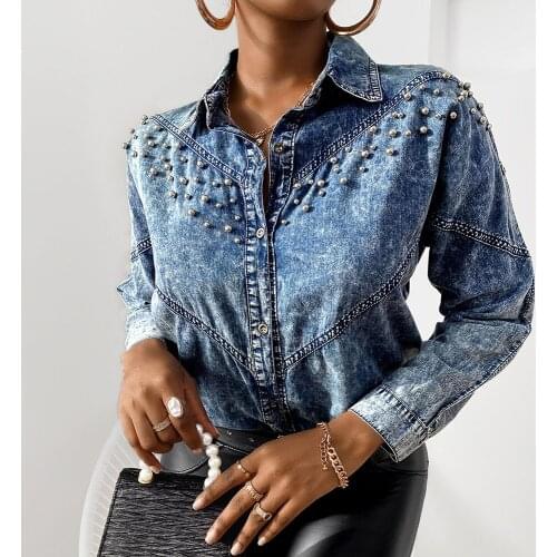 2021 fashion beaded single-breasted lapel long-sleeved casual blouse jacket retro blue denim jacket autumn new style