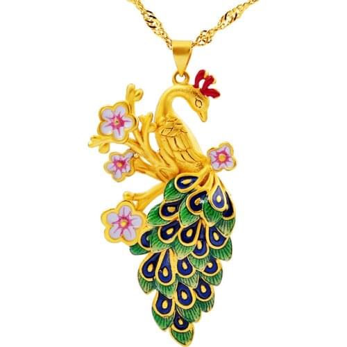 24K Gold Necklace Colorful Enamel Peacock Pendant Cloisonne Long Statement Necklaces for Women Figaro Chain Indian Jewelry