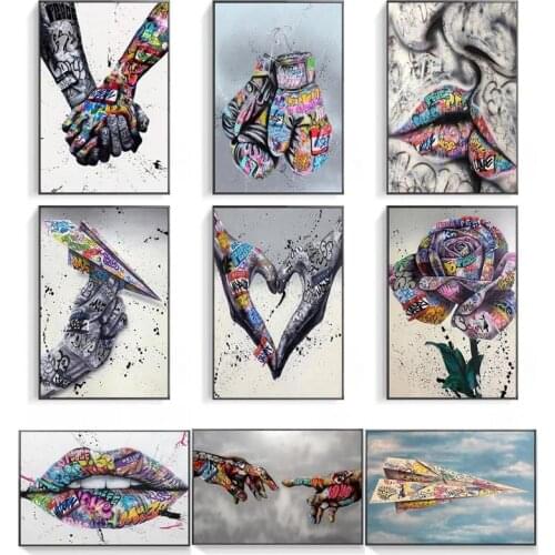 Abstract Street Graffiti Art Lover Kissing Canvas Painting Posters and Prints Hand Wall Art Picture for Living Room Home Decor