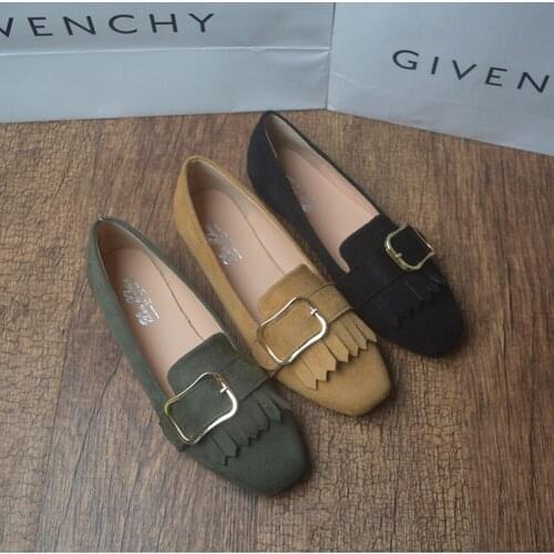 Tassel square buckle belt shallow ballet shoes woman slip on suqare toe loafers retro ol fringe anti-skid soft bottom moccasins