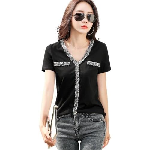 Black V-Neck T-Shirt White Beading Patchwork T Shirt Women 2020 Summer Tops New Korean Style Clothes Female Woman Tshirt Femme