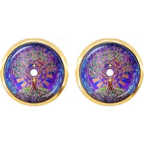 Tree Of Life Flower Earrings OM Symbol Buddhism Zen 12mm Glass Cabochon Mandala Earring Vintage Golden Color Jewelry For Women