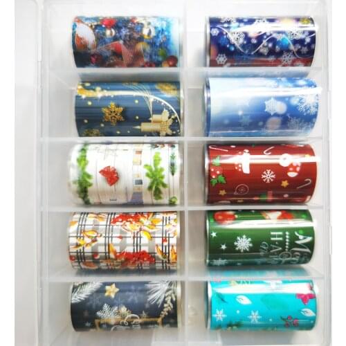 10Pcs 1 Box Christmas Foils For Nail Holographic Laser Nails Transfer Foil Wraps Sticker Clear/Black Starry Tip Snowflake,100X4