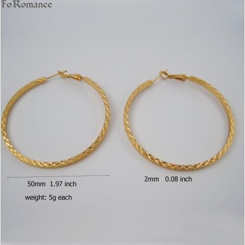 FoRomance WIDTH 2MM 0.08 inch CUTE CROSS LINE CARVED ROUND SHAPED YELLOW GOLD GP FILLED OVERLAY HOOP 50MM 1.97 inch EARRING