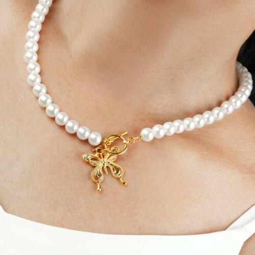 FYSL Light Yellow Gold Color Butterfly Alloy Connect Pearls Beads Pendant Choker Chain Necklace Trendy Jewelry
