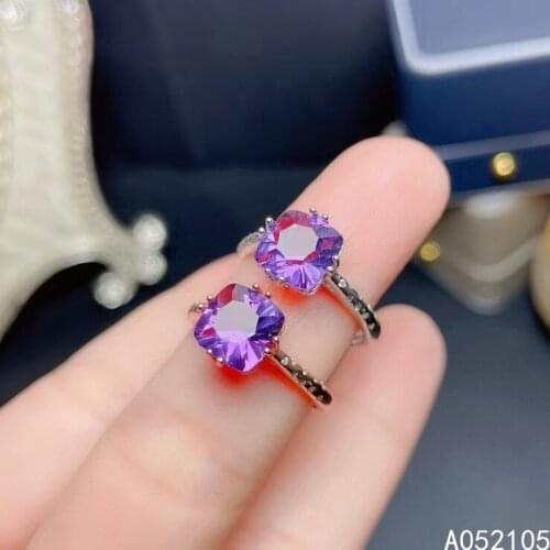 KJJEAXCMY fine jewelry 925 sterling silver inlaid natural Amethyst women simple classic square adjustable gem ring support detec