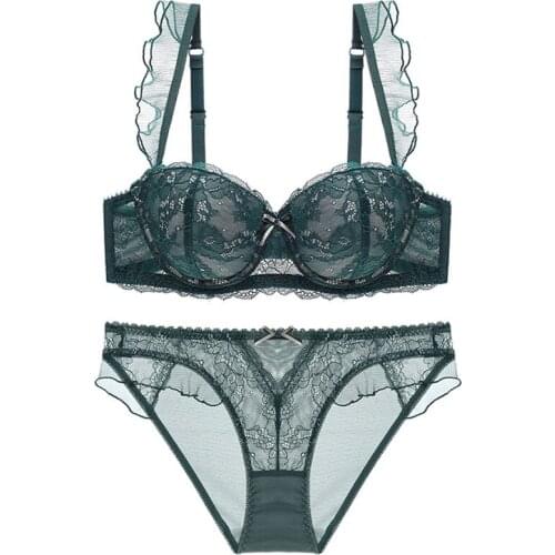 New Top Sexy Bra Panties Sets Lace Embroidery Lingerie Set Green Brassiere Deep V Push Up Bra Women Underwear Set Cotton 3/4 Cup