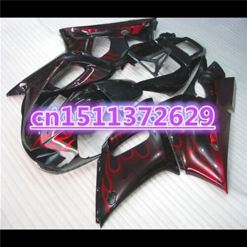 Red flames in black fairing kit for YZF-R6 98-02 YZF R6 98 99 00 01 02 YZF 600 R6 1998 99 00 01 2002 ABS fairing parts-D D