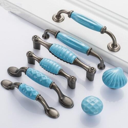 Kitchen Door Handle Cabinet Closet Pull Drawer Handle and Knob Furniture Shell Ceramic Handle and Pull Cartoon Handle Blue