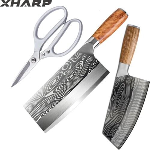 Kitchen Knife Damascus Laser Pattern Chinese Chef Knife Stainless Steel Butcher Cleaver Meat Chopping Knives & Scissors Shears