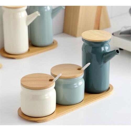 Spice Jar Oil Sauce Vinegar Bottle Ceremic Multi Colors With Tray Kitchen Accessoreis