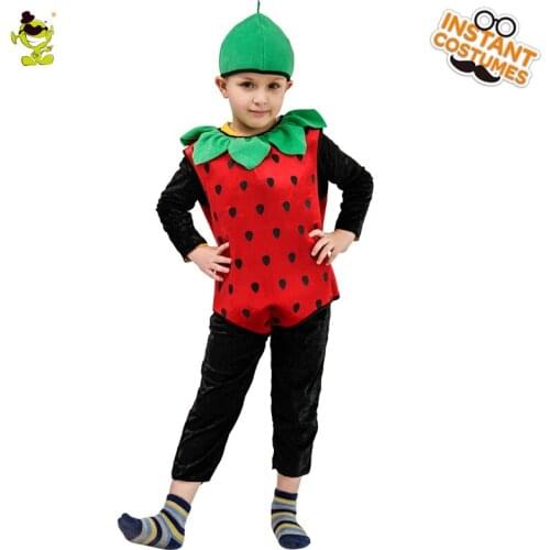 Cute Childrens Strawberry Costume Carnival Cosplay Fruit Suit with Hat Childrens Day Party Fancy Dress Up for Kids Gifts