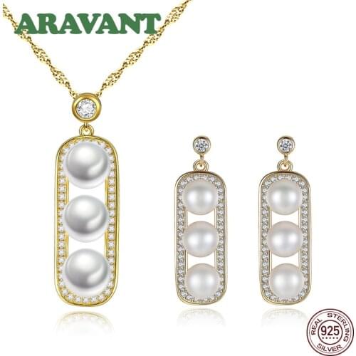 925 Silver Jewelry Set Square Pearl Drop Earring Pendant Necklace Chains For Women Pearl Jewelry Sets