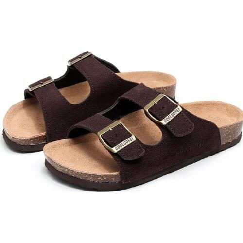 New Mens Suede Leather Mule Clogs Slippers Soft Cork Two Buckle Slides Footwear For Men Women Unisex 35-46