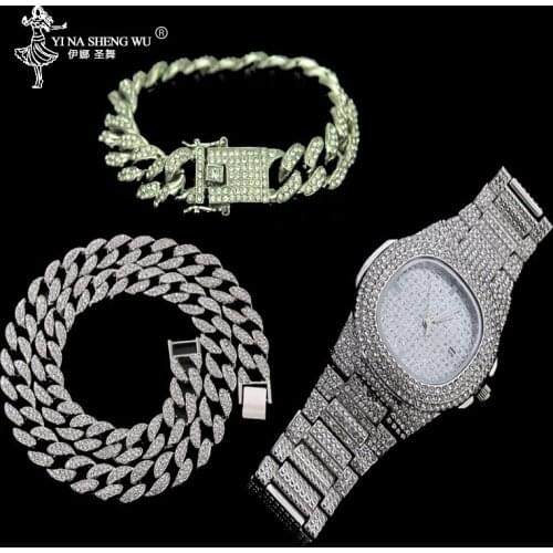 Necklace+Watch+Bracelet Set Hip Hop Miami Curb Cuban Chain Gold Iced Out Paved Rhinestones CZ Bling For Men Rapper Jewelry Gifts