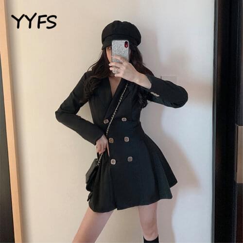 Pleated Blazer dress Women Robe Femme High Fashion Sexy Dresses Elegant Black Autumn Winter 2020 Slim fit suit Dress Vestidos