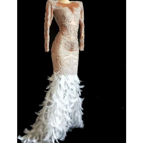 Luxury Pearl Rhinestone White Feather Trumpet Dress Women Birthday Party Celebrate Outfit Female Singer Costume Stage Show Dress