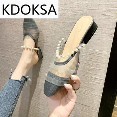 Baotou Slippers Female Outer Wear Fairy Style Spring 2021 New Korean Version Of All-match One-word Beaded Flat Female Slippers