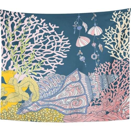 Aquatic Animal Coral Reef Collection Fish and Sea Shells on Bottom Composition Aquarium Beach Tapestry Home Decor Wall Hanging