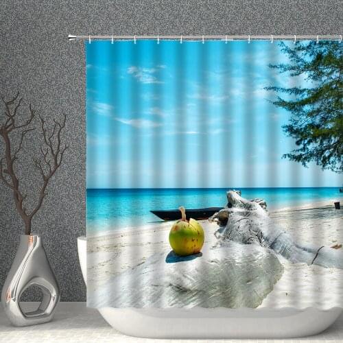 Ocean Landscape Shower Curtain Sun Beach White Cloud Coconut Tree Pattern Waterproof Polyester With Hooks Household Decoration