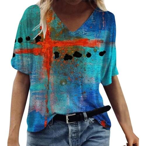Ladies Tie Dye Printed T Shirt Summer Casual Soft Short Sleeve T-Shirt Tees Women Comfortable V-Neck T-Shirts Hawaiian Tops