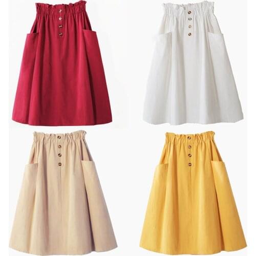 Harajuku High Waist Midi Skirt Women Peplum Button Pocket Pleated Girl vintage Yellow Korean Elegant A Line School Skirt 204