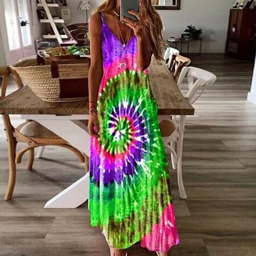 Women Rainbow Print Dress Casual Spaghetti Strap V-Neck Colorful Maxi Dress Sexy Tie Dyeing Printed Plus Size Female Long Dress