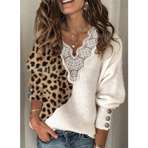 Baharcelin Women Girl Winter V neck Lace patchwork Leopard Knitted Pullovers sweaters basic casual sweater jumper top clothing