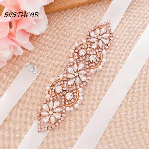 SESTHFAR Rhinestones Wedding Belt Rose Gold Crystal Bridal Sash Elegant Pearls Bridal Dress Belt for Dress Accessories