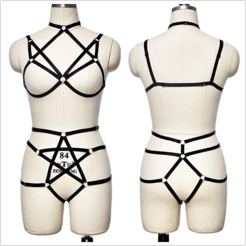 Bondage Sexy Lingerie Body Cage Pentagram Harness Set Goth Women Hollow G-String Adjust Stockings Garter Rave Body Harness Bra