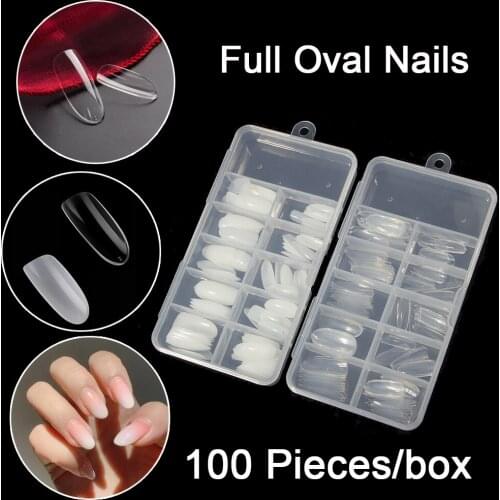 100PCS/Box Acrylic Fake Nails Oval Round Shape False Nail Tips Full Cover Natural Transparent Fake Art Tips press on nails long