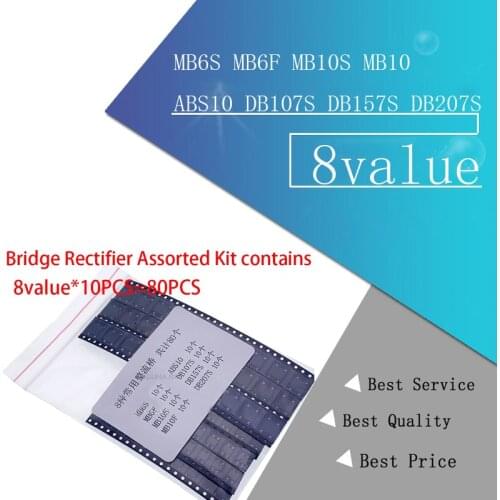 8value*10PCS=80PCS Bridge Rectifier Assorted Kit contains MB6S MB6F MB10S MB10F ABS10 DB107S DB157S DB207S