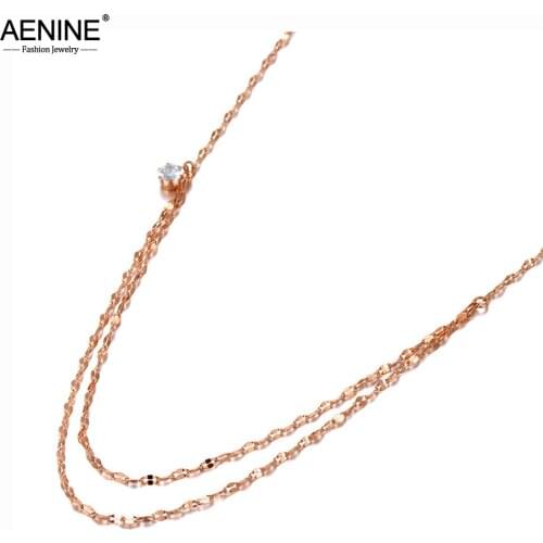 AENINE Trendy 316L Stainless Steel Double-layer Chains Choker Necklace Bohemia CZ Crystal Pendant Necklace For Women AN20106