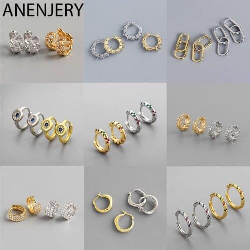 ANENJERY 925 Sterling Silver Geometric Small Hoop Earrings for Women Men French Punk Hip-Hop Ear Buckle Wholesale Dropshipping