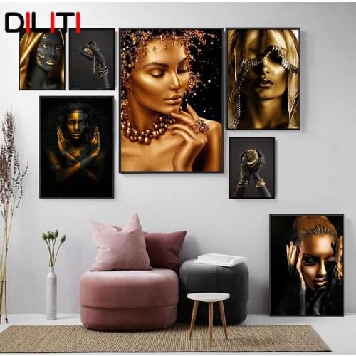 Black Gold African Woman Canvas Painting for Living Room Modern Sexy Lady Portrait Wall Art Pictures for Gallery Decoration