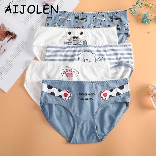 AIJOLEN Blue and White Striped Cotton Underpants Cat Paws Cute Girly Panties Cotton Print Comfortable and Soft Ladies Briefs