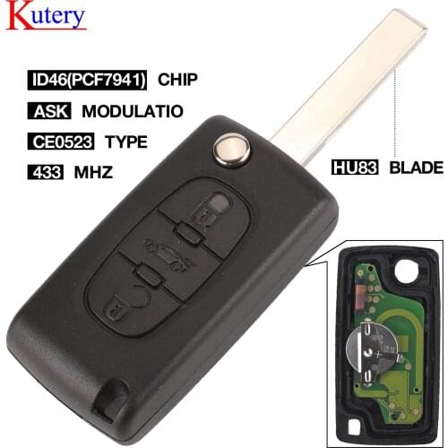 Kutery 3 Button Remote Key CE0523 for Peugeot 207 308 408 Key ASK 433 MHZ ID46 - PCF7941 Circuit HU83 Flip Remote Car Key