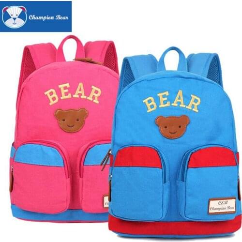 2017 New Children Backpack Sky Blue Pink Cute Bear Letters Schoolbag Fashion Design Girls Knapsack Boys Canvas Cotton Rucksack