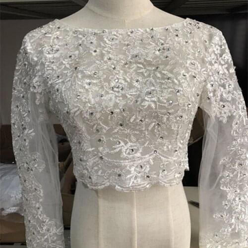 New Real Image Luxury Crystals New Wedding Jacket Bridal Lace Applique Bolero Long Sleeve Shrug White Ivory Wraps Custom Jacket