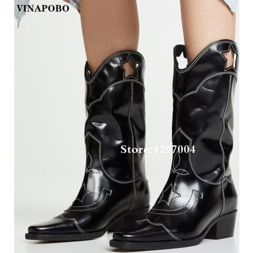 Autumn Patchwork Black knight Boots Women Square Toe Kitten Heels Embroidery butterfly Genuine Leather Knee high Boots for women