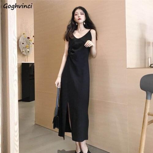 Sleeveless Dress Women A-line Solid Mid-calf Side-slit Pleated V-neck Basic Elegant Stylish Sexy Simple Slim Leisure Chic Daily