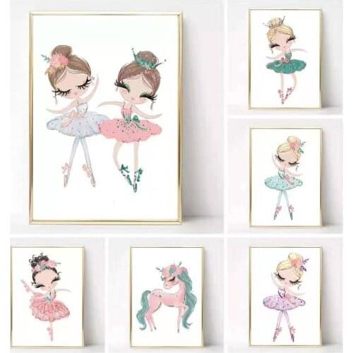 Ballerina Girl Poster Unicorn Swan Nordic Nursery Wall Art Pictures Print Canvas Painting Kids Bedroom Decoration Paintings