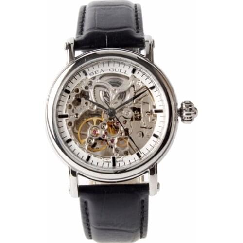 Seagull Skeleton Window See Through Exhibition Case Back Genuine Leather Black Hands Self Wind Automatic Mens Watch M182SK