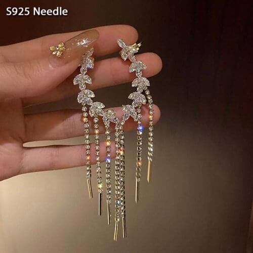 925 Sterling Silver Needle Dangle Earrings for Women Jewelry Leaf Rhingstone Crystal Female Drop Tassel Earrings Ear Clip