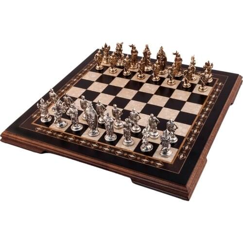 Luxury Walnut Wood Black Chess Set 49,5x49,5x2,5 Cm Big Size Vintage Rustic Professional Design Mosaic Motifs Handmade Arts