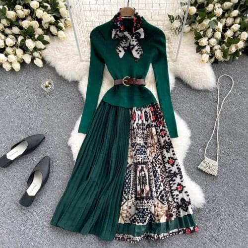 SINGREINY Women Korean Pleated Dress Elegant French Design Splice Knitted Print A-line Dresses 2021 Autumn Streetwear Midi Dress