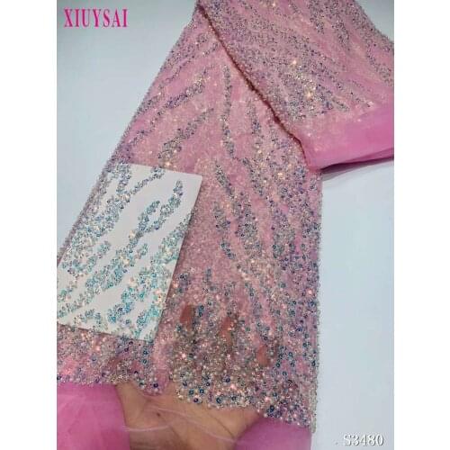 Heavy French Sequins Beaded Tulle Lace Fabric Gold African Embroidery Net Lace Fabric With High Quality French Mesh Lace SL1468