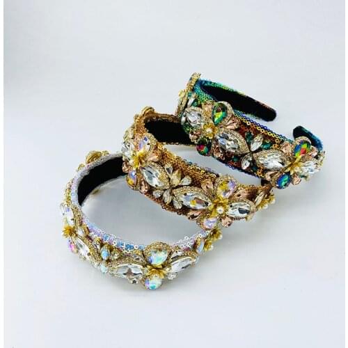 Baroque Retro Square Crystal Pearl Hairband For Girls Multicolor Flower Metal Headband Crown Tiara For Women Wedding Headwear