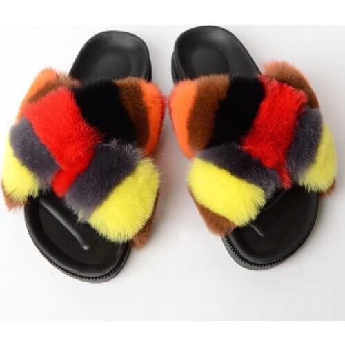 Spring Women Faux Fox Fur Slippers Ladies PVC Cross Fluffy Furry Slides Home Plush Shoes Outdoor Flat Flip Flops Female Sandals
